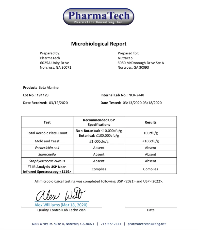 Microbiological report for Beta Alanine