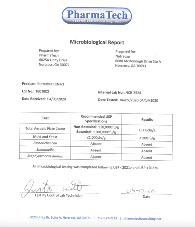 Microbiological report for Butterbur extract