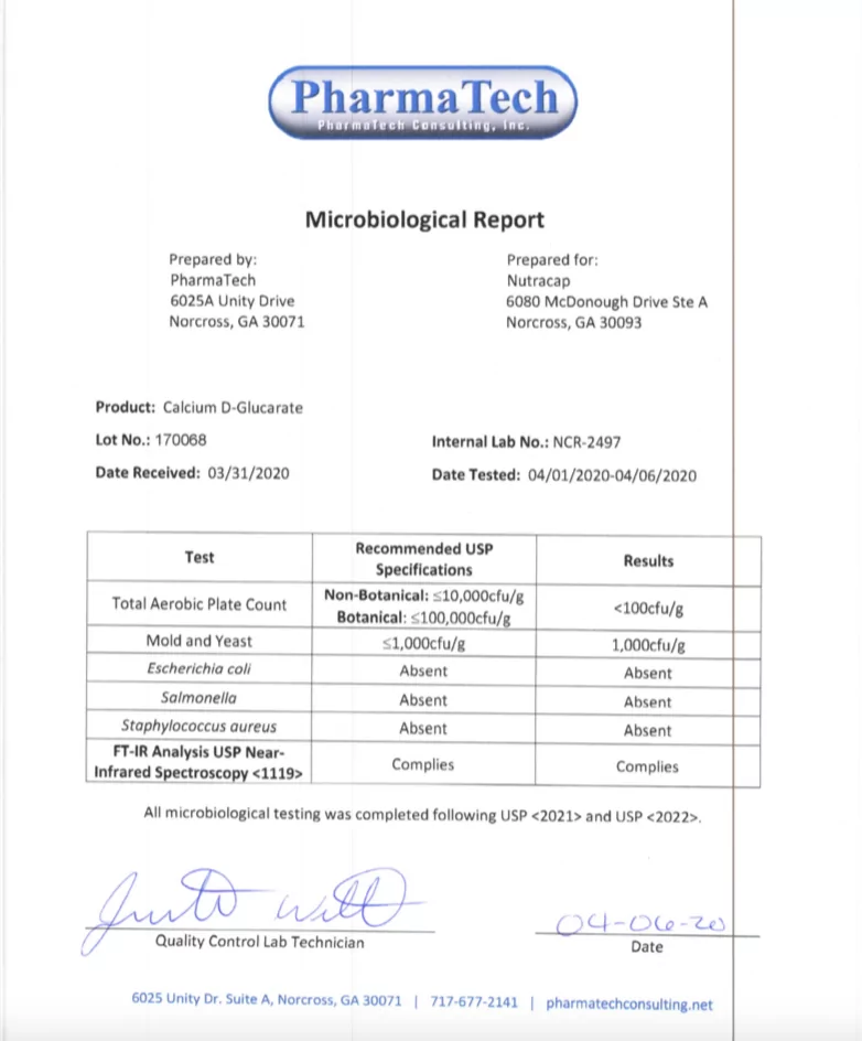 Microbiological report for Calcium D-Glucarate