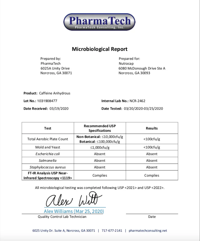 Microbiological report for caffeine anhydrous
