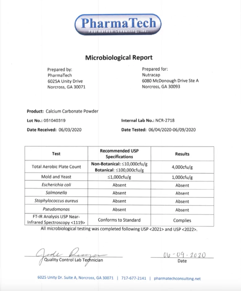Microbiological report for calcium carbonate