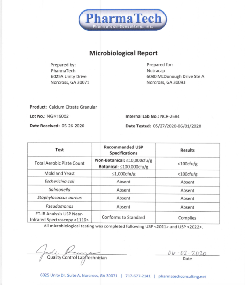 Microbiological report for Calcium Citrate