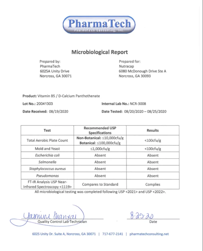 Microbiological report for Vitamin B5