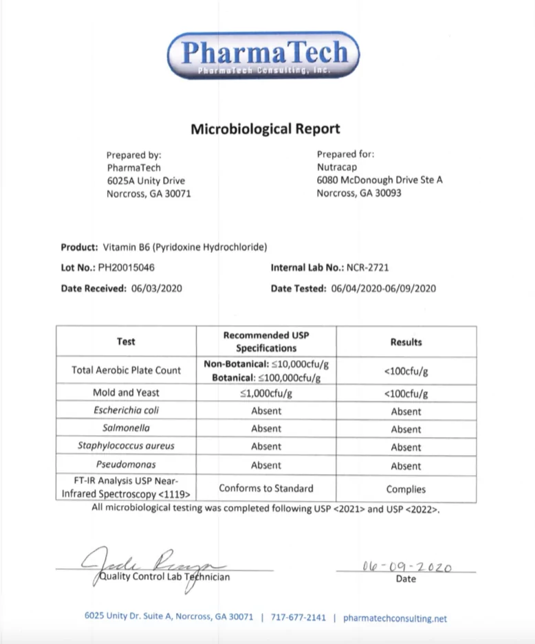 Microbiological report for Vitamin B6