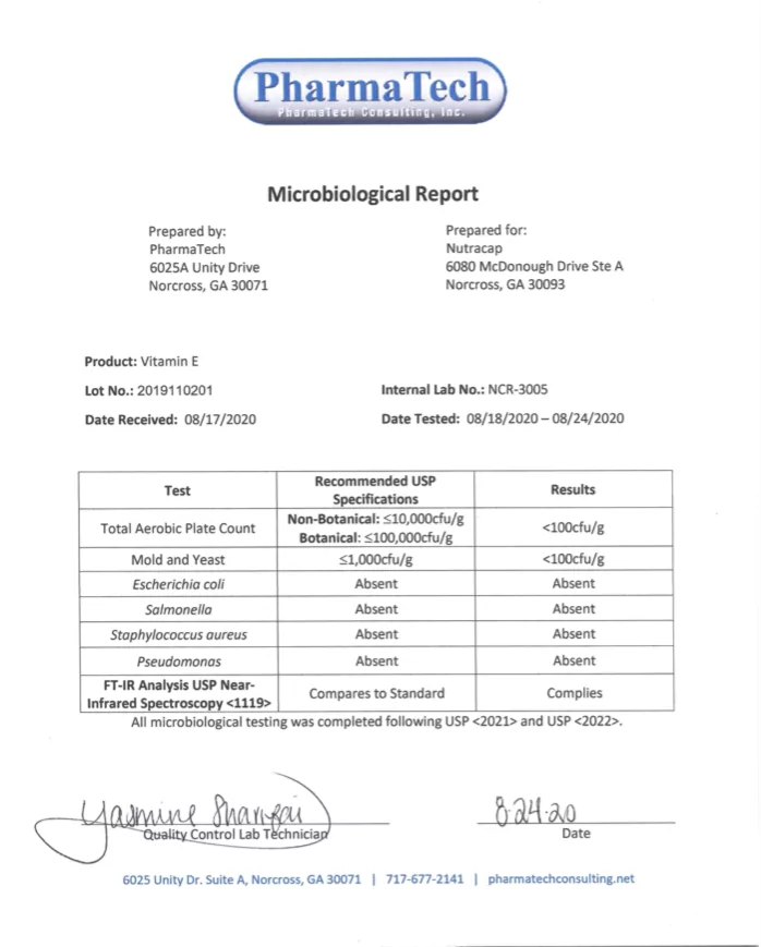 Microbiological report for Vitamin E