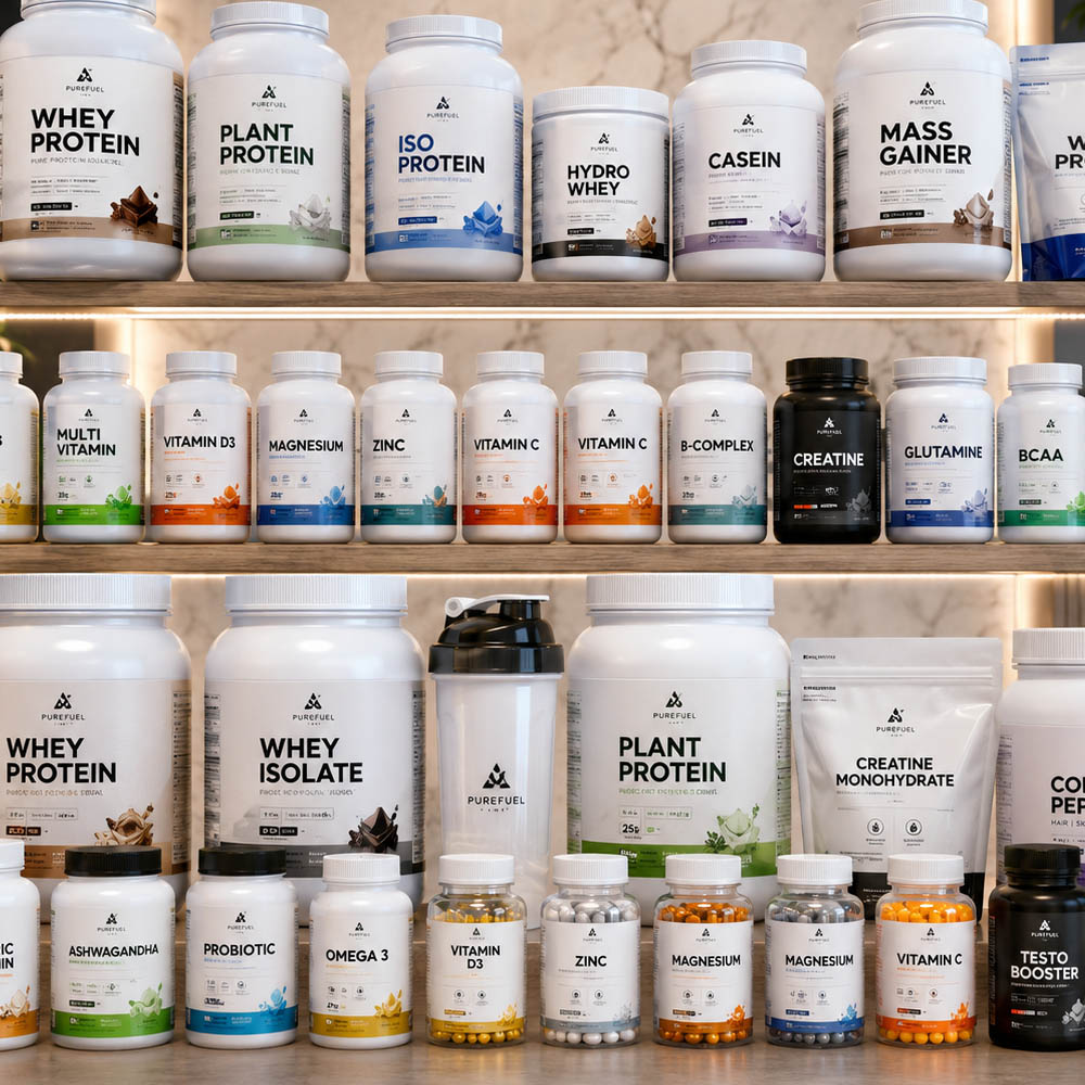 Shelf display of different supplement products