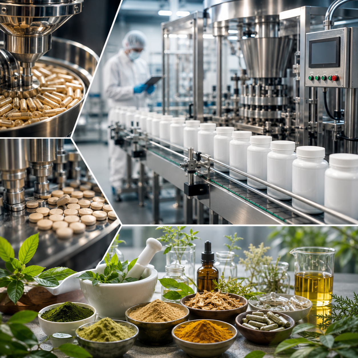 supplement manufacturing product line with crushed ingredients along with capsules