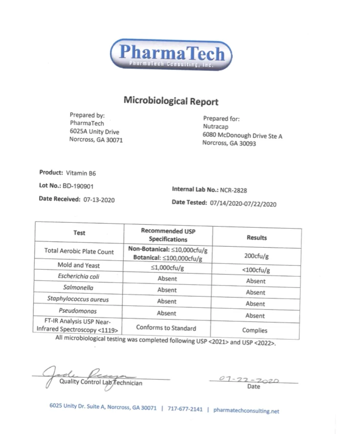 Microbiological report for Vitamin B6